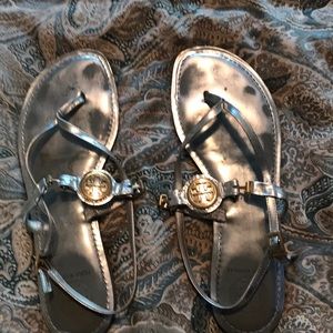 Tory Burch sandals. Silver with gold emblem